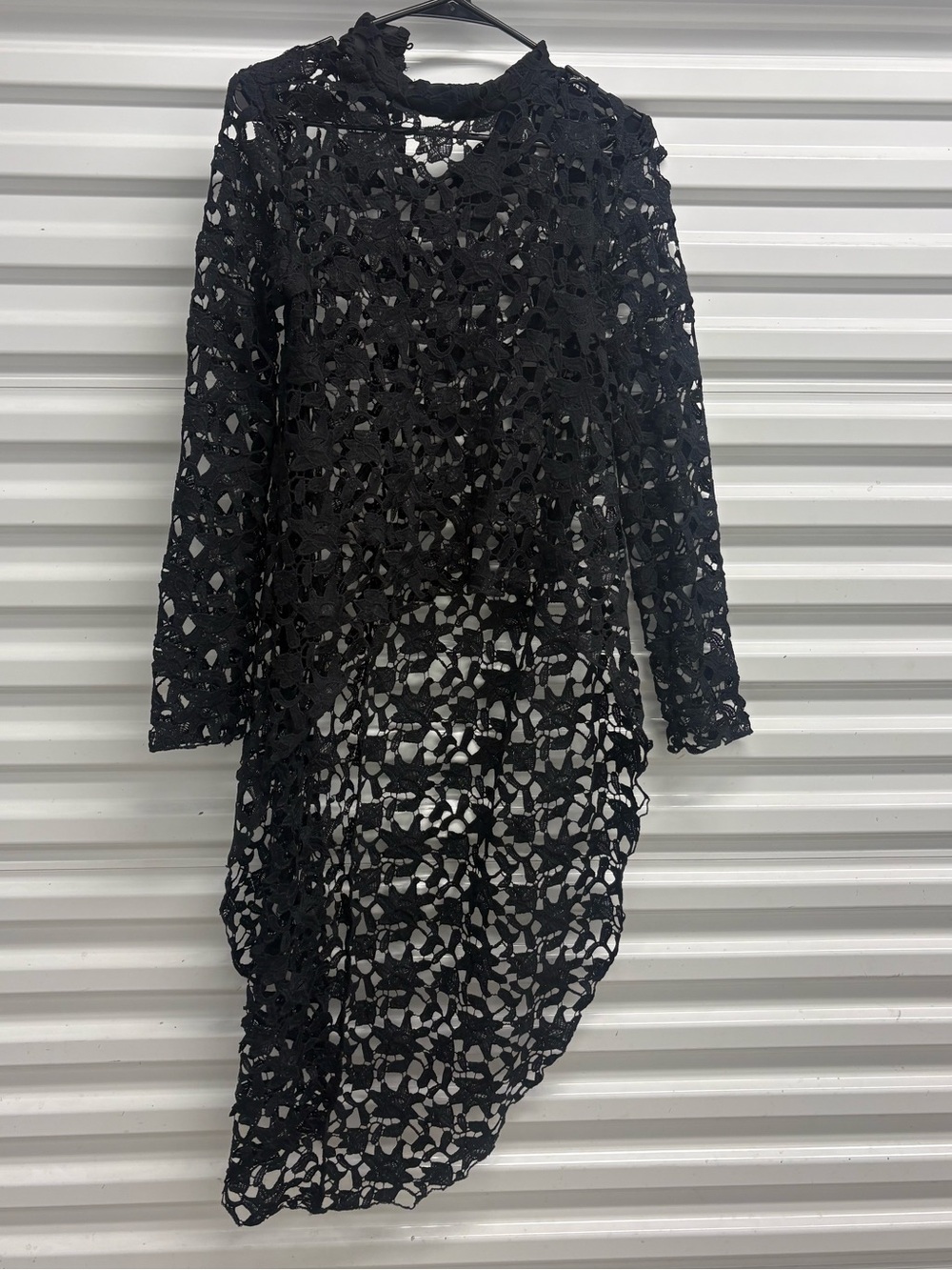 Pretty Garden Womens Black Lace Sheer Layered Round Neck Long Sleeve Midi S